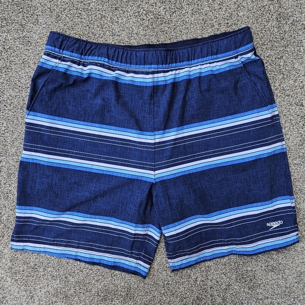 Speedo Tech Volley Men's Swim Trunks Shorts Peacock Blue Striped Shorts Large